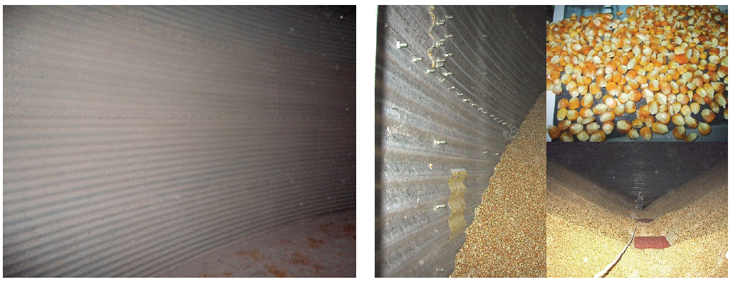 Left picture shows minimal to no caking and no corrosion to the internal silo wall. Right picture shows free flowing corn of intake grain quality after long period of storage.