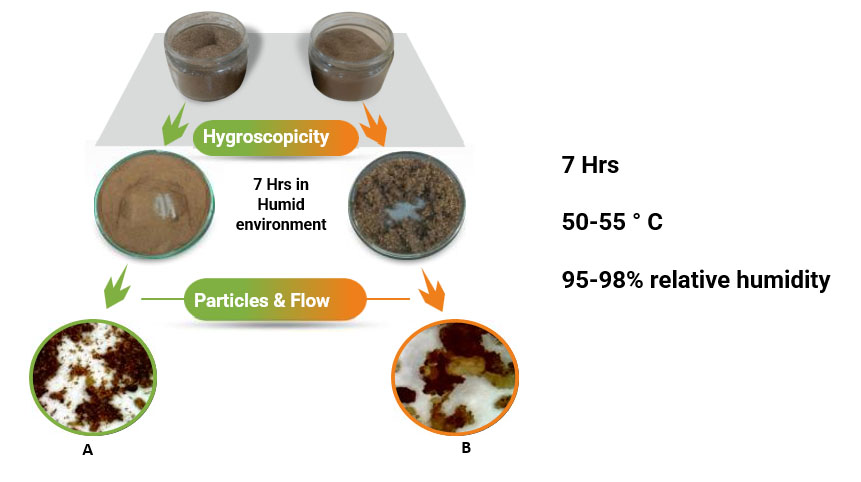 Figure 8: A test for the hygroscopicity of products A and B after 7 hours of storage under high humidity.