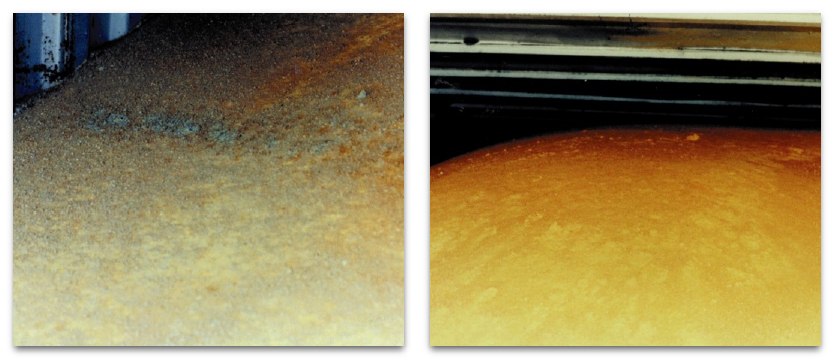 Figure 13. Picture on the Left shows crusted top layer and mold in corn gluten meal whereas Right picture shows free-flowing corn gluten meal inside the container.